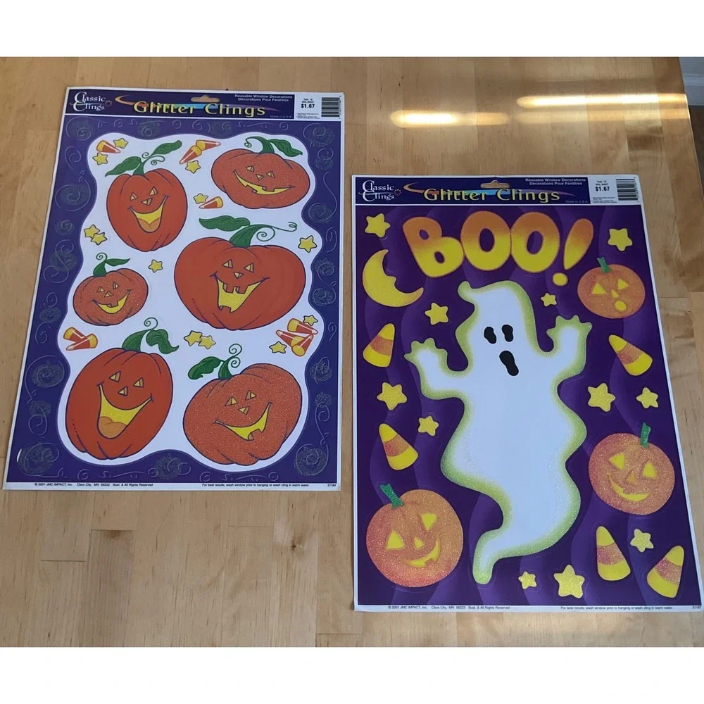 Vintage 2001 Classic Clings Halloween Glitter Window Decals Ghost Pumpkin 2 Pack